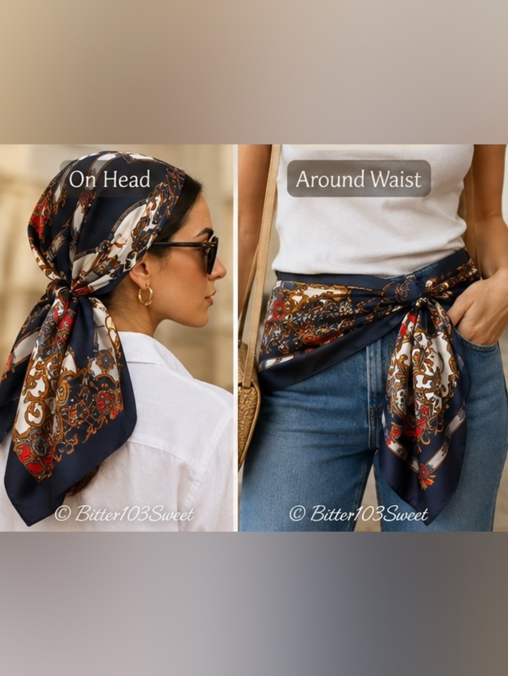 Bundle of 2 Elegant Silk Fashion Scarves | Animal Print & Baroque Chain Print - Picture 7 of 9